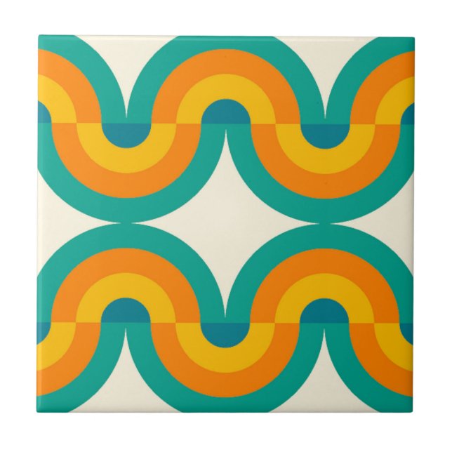 Funky Color Retro Half Circles Art Pattern Ceramic Tile (Front)