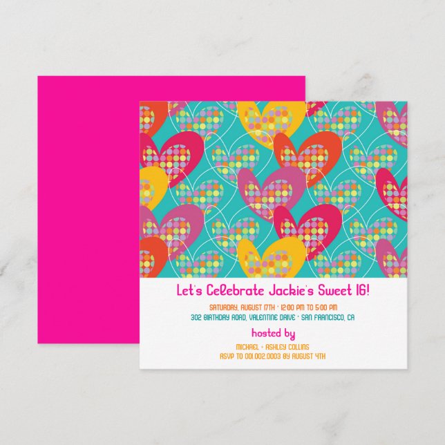 Funky Color Retro Pop Hearts Girl Birthday Invite (Front/Back)