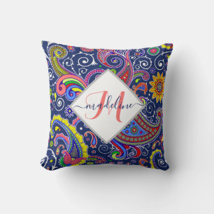 Funky colored paisley personalized throw pillow