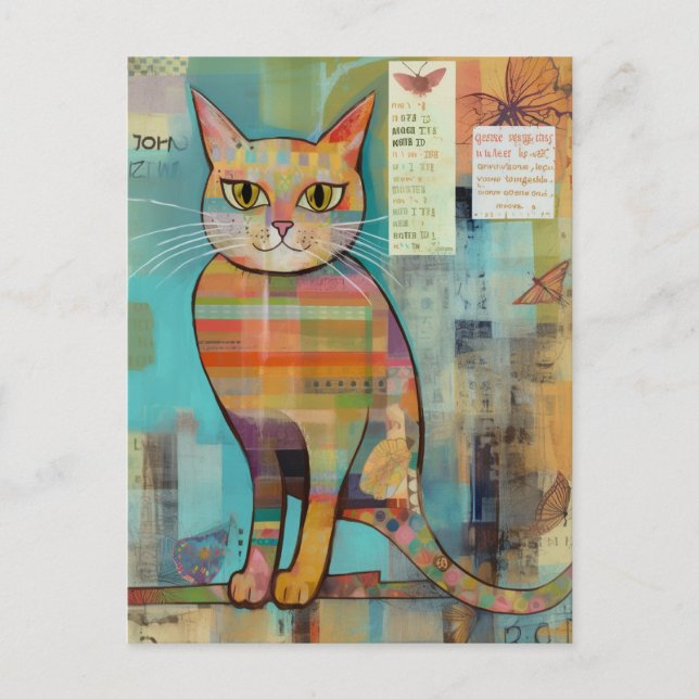 Funky Colorful Cat Collage Postcard (Front)