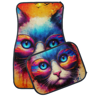 Funky Colorful Cat Illustration Car Mats
