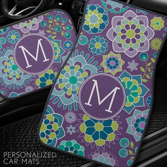Funky Colorful Floral Pattern Custom Monogram Car Mat (Custom Floor Mats)