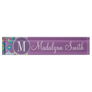 Funky Colorful Floral Pattern Custom Monogram Desk Name Plate