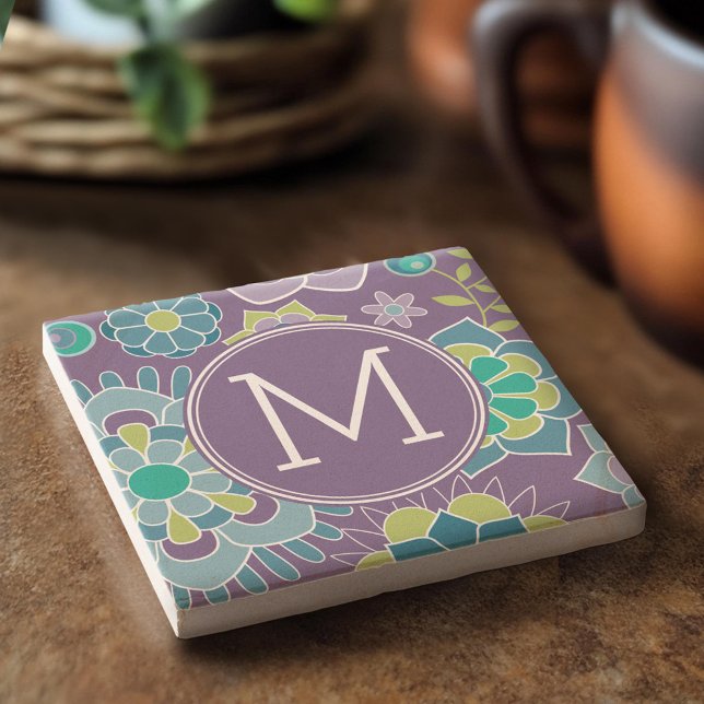 Funky Colorful Floral Pattern Custom Monogram Stone Coaster (Custom Stone Coaster)
