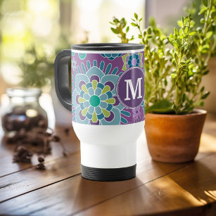 Funky Colorful Floral Pattern Custom Monogram Travel Mug
