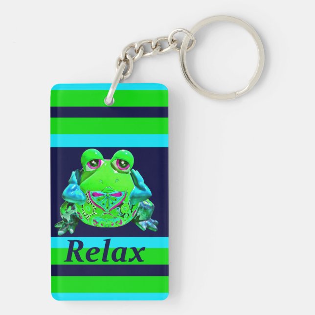 Funky Colorful Frog RELAX Teal Lime Navy Keychain (Back)