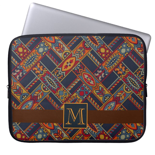 Funky Colorful Geometric Pattern  with Monogram Laptop Sleeve (Front)