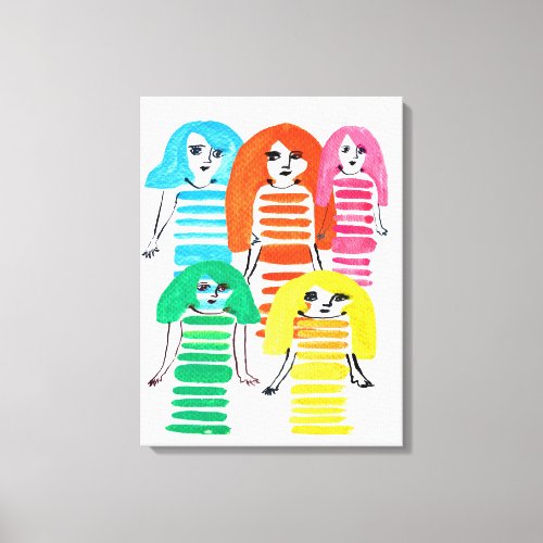 Funky colorful girl doll watercolor canvas print