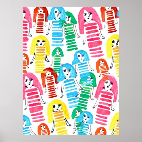 Funky colorful girl doll watercolor poster