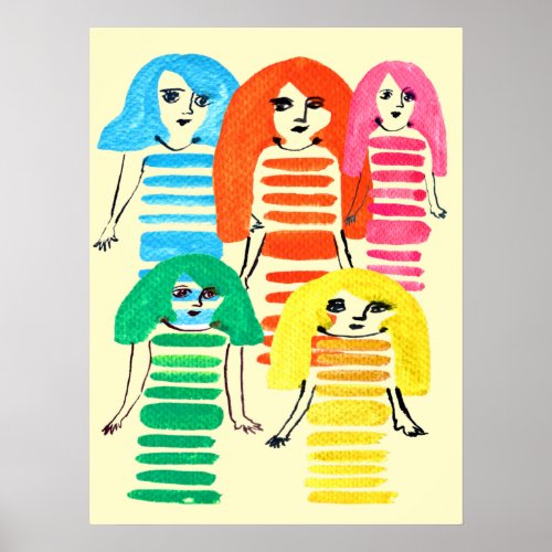 Funky colorful girl doll watercolor poster