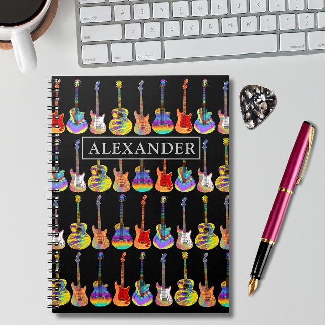 Funky Colorful Guitar Pattern Add Name  Notebook (Funky colorful guitar pattern on black personalized name notebook for musician guitarist songwriting)