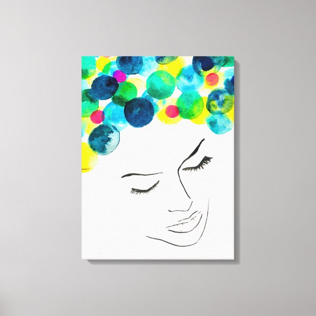 Funky colorful hair girl watercolor canvas print (Front)