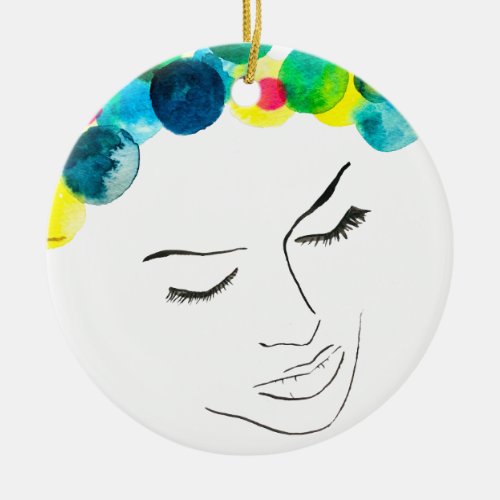 Funky colorful hair girl watercolor ceramic ornament