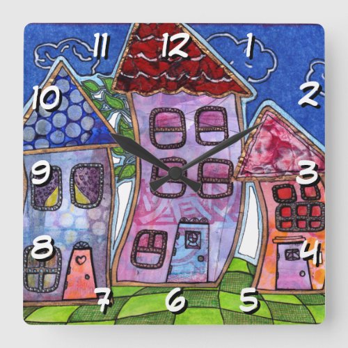 Funky Colorful Houses Square Wall Clock