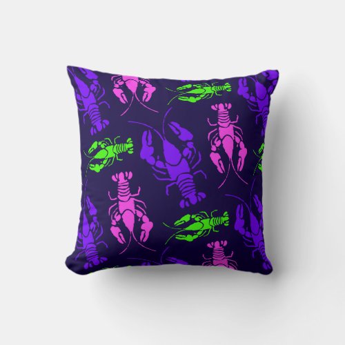 Funky Colorful Lobster or Crawfish Purple Pattern Throw Pillow