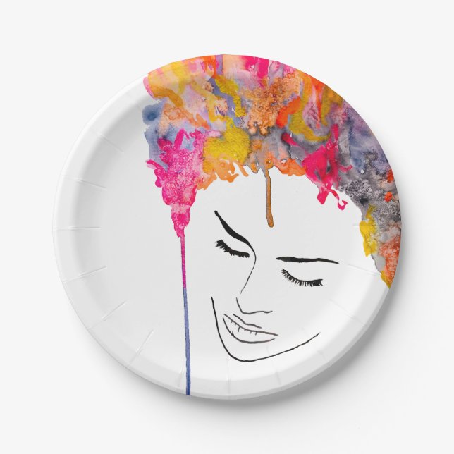 Funky colorful rainbow lady art paper plates (Front)