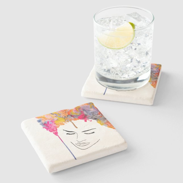 Funky colorful rainbow lady art stone coaster (Side)