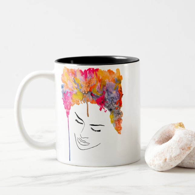 Funky colorful rainbow lady art Two-Tone coffee mug (With Donut)