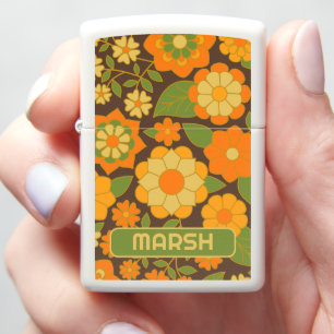 Funky Colorful Retro Floral Pattern - Monogram Zippo Lighter