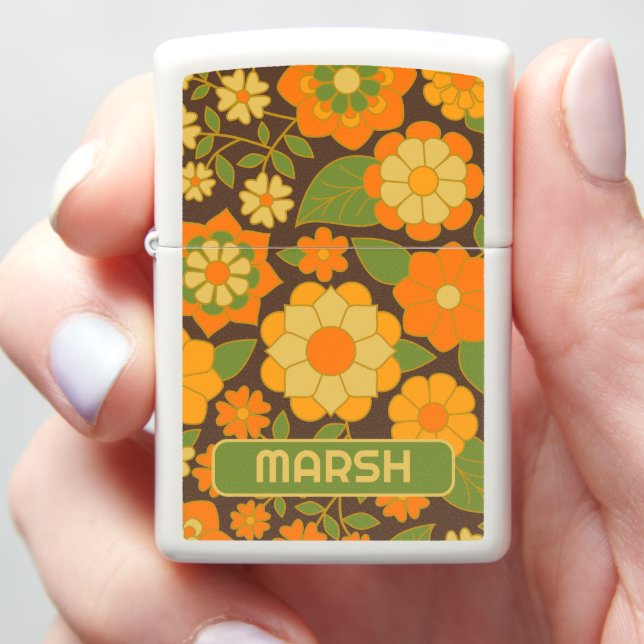 Funky Colorful Retro Floral Pattern - Monogram Zippo Lighter (In Hand)