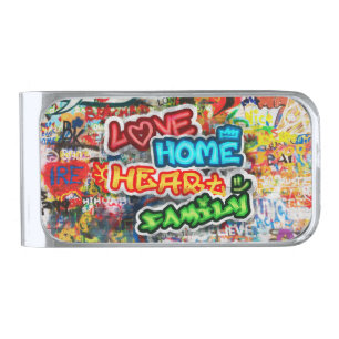 Funky Colorful Streetart Graffiti Love Home Heart Silver Finish Money Clip