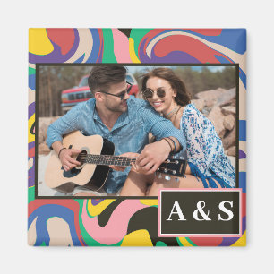 Funky Colorful Swirl Pattern Couple Photo Name Magnet
