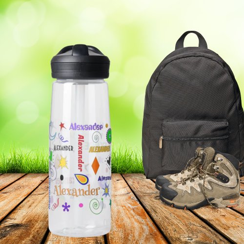 Funky Colorful Whimsy Shapes Personalized Name Water Bottle