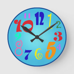 Funky colourful numbers on shaded blue round clock