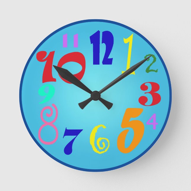 Funky colourful numbers on shaded blue round clock (Front)