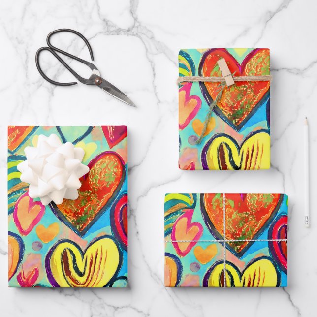Funky Colours Heart Pattern Mix Wrapping Paper Sheets (Front)