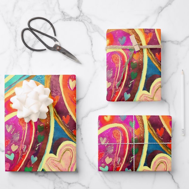 Funky Colours Heart Pattern Mix Wrapping Paper Sheets (Front)