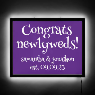 Funky Congrats Newlyweds Names Date White Purple LED Sign
