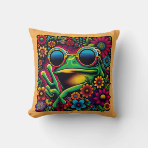 Funky Cool Frog Peace Sign Throw Pillow