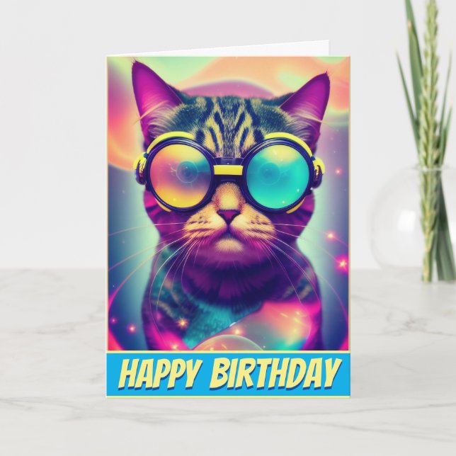 Funky Cool Psychedelic Goggles Cat Card (Front)