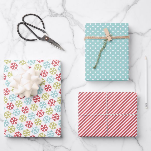 Funky Coral Pink Red Mint Blue Green Snowflakes Wrapping Paper Sheets (Front)