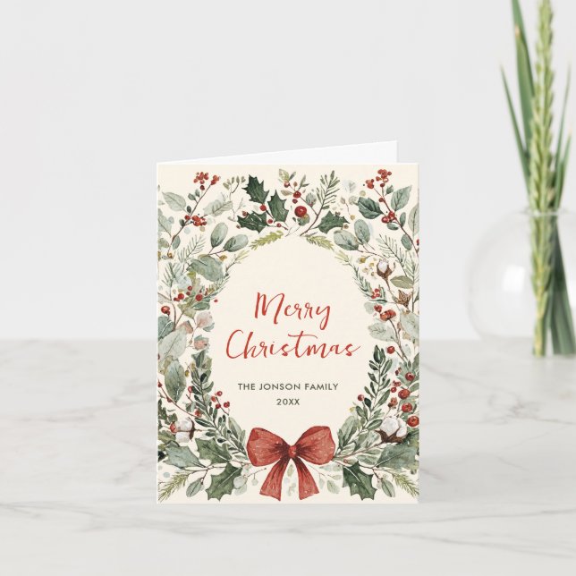 Funky Country Retro Boho Christmas Wreath Holiday Card (Front)