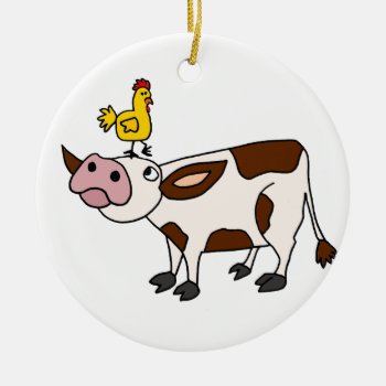 Funky Cow With Chicken On Her Head Cartoon Ceramic Ornament by patcallum at Zazzle