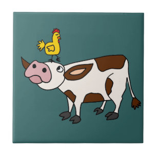 Funky Cow with Chicken on Her Head Cartoon Ceramic Tile