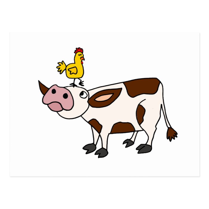 Funky Cow with Chicken on Her Head Cartoon Post Card