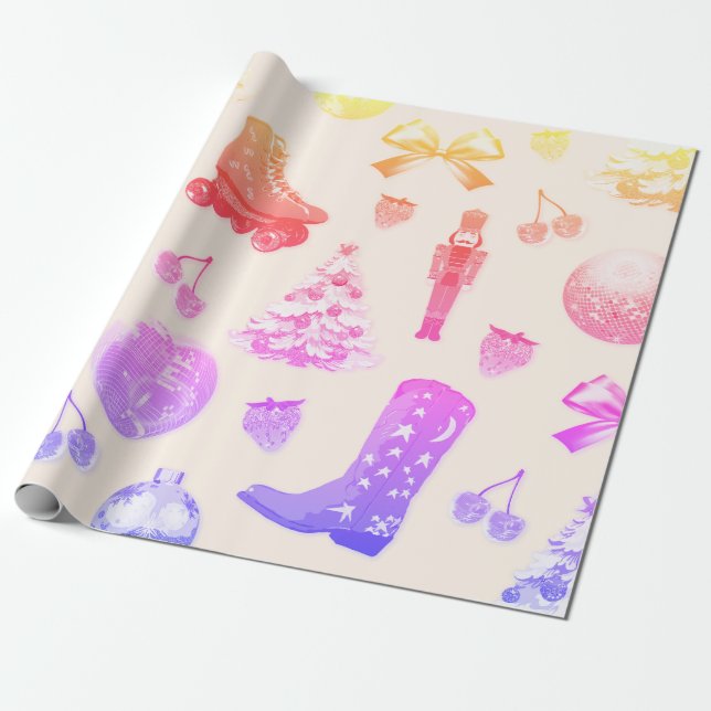 Funky Cute Girly Pink Christmas Pattern Wrapping Paper (Unrolled)