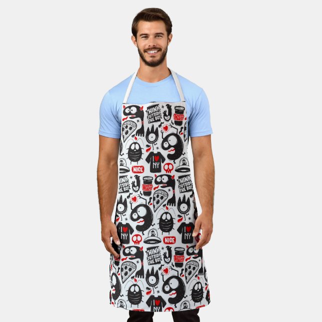 Funky Cute Monster Doodle Pattern Kitchen Apron (Worn)