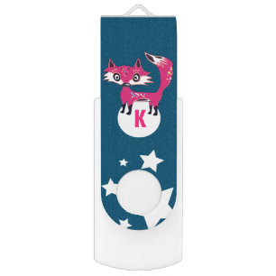 Funky Cute Pink Fox Blue Monogram Flash Drive
