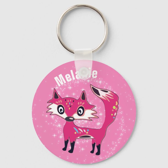 Funky Cute Pink Fox Personalised Keychain (Front)