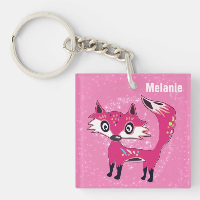 Funky Cute Pink Fox Personalised Keychain (Front)