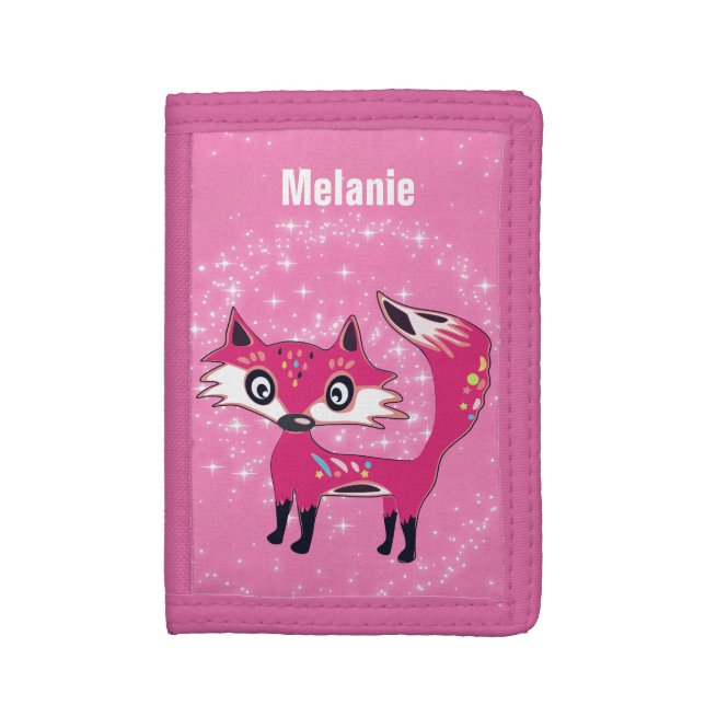 Funky Cute Pink Fox Personalised Trifold Wallet (Front Vertical)