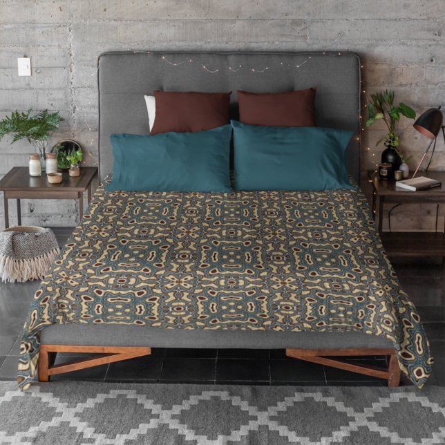 Funky Dark Teal Blue Taupe Brown Bohemian Bali Art Duvet Cover (Creator Uploaded)