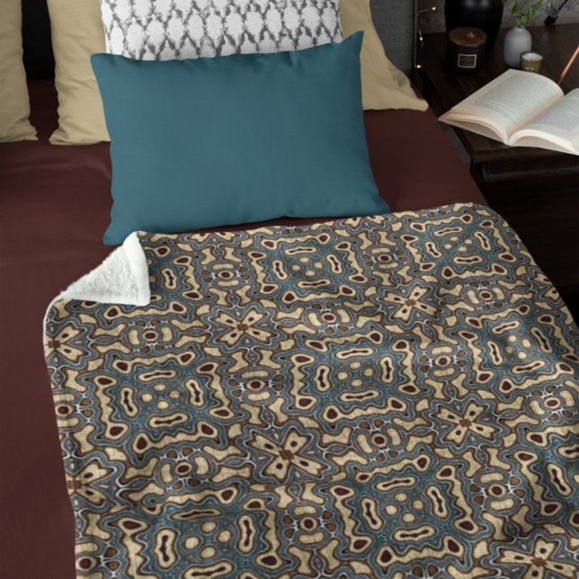 Funky Dark Teal Blue Taupe Brown Bohemian Bali Art Fleece Blanket (Creator Uploaded)