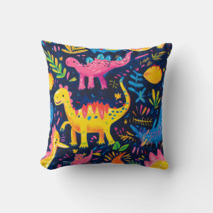 Funky Dinosaur Hand Painted Colorful Pattern Throw Pillow