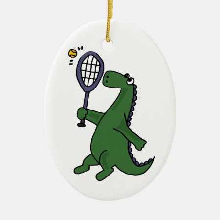 Funky Dinosaur Playing Tennis Cartoon Ceramic Ornament