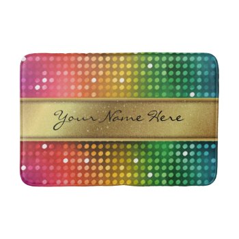 Funky Disco Lights With Gold Glitter Name Stripe Bathroom Mat by suchicandi at Zazzle